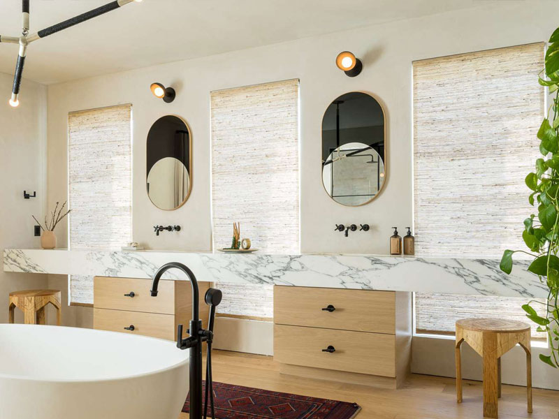 Bathroom interior designs with hidden storage cabinet.