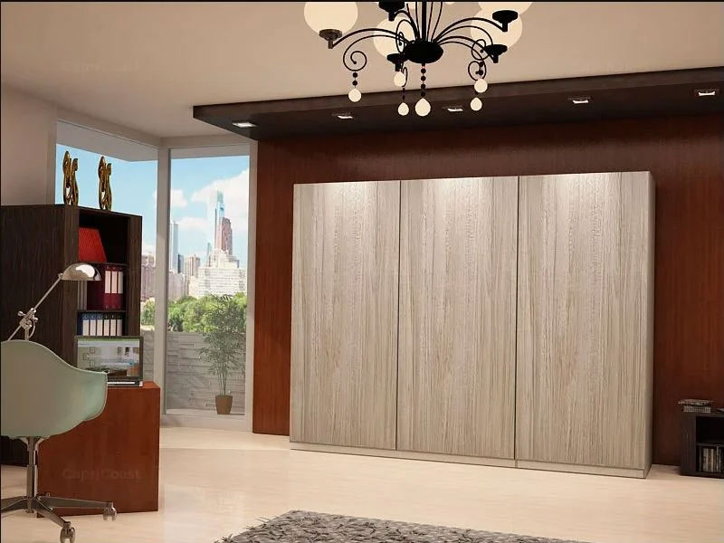 Wood straight wardrobe design by Homzelite Interiors.